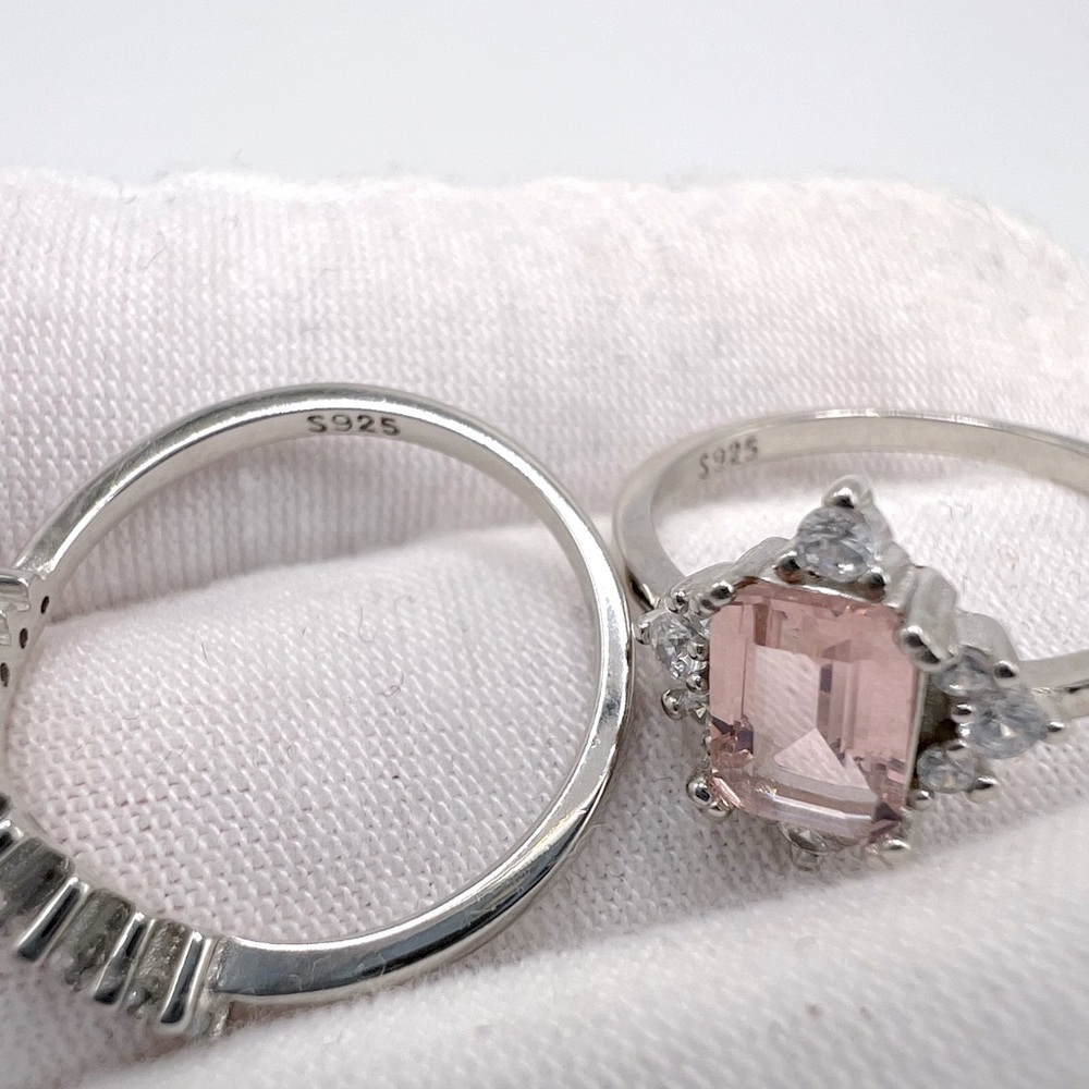 .925 Sterling Silver Light Morganite Cz & Clear Cz 2 PC Ring Set - Picture 16 of 17